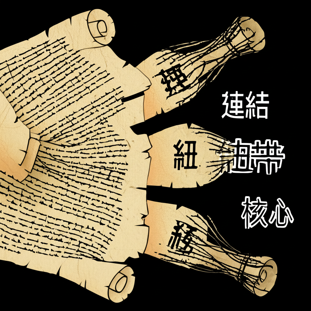 拉丁文卷軸演變為中文詞彙連結、紐帶、核心的視覺呈現，象徵Nexus的語義傳承