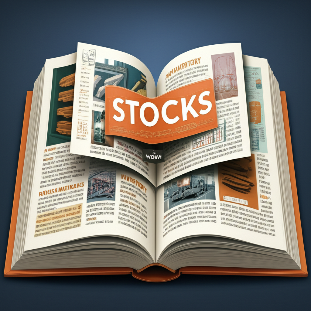 一本標題為stocks的名詞大書，書頁展開顯示各種中文含義如金融市場、庫存和原料，呈現資訊性風格