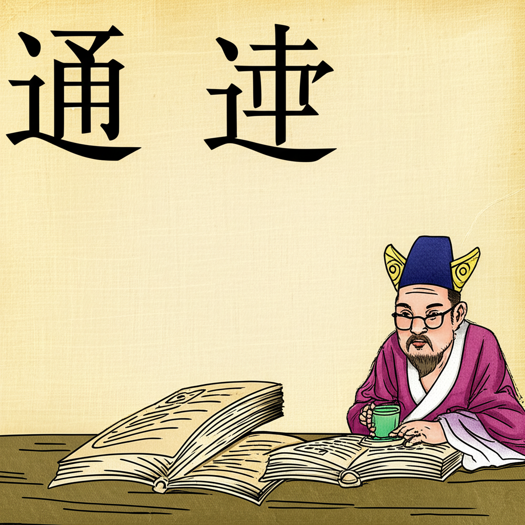 漢字通達的演變插圖,從古文字到現代形式,一位學者研讀古籍,旁邊開啟現代辭典,象徵語言探索與文化傳承