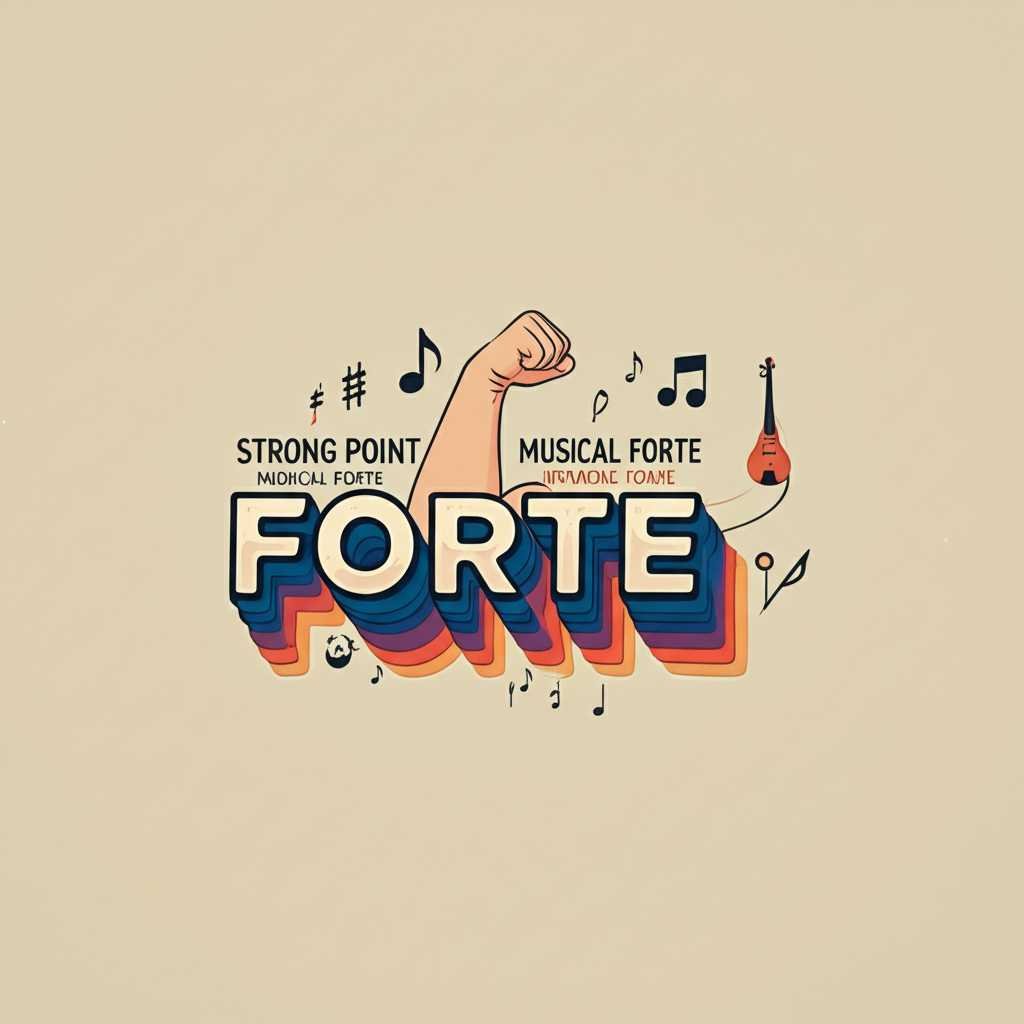 Forte 詞彙的多義插圖，展示強項、音樂強音與品牌應用，從浪漫語系起源的多層次用法，生動資訊視覺