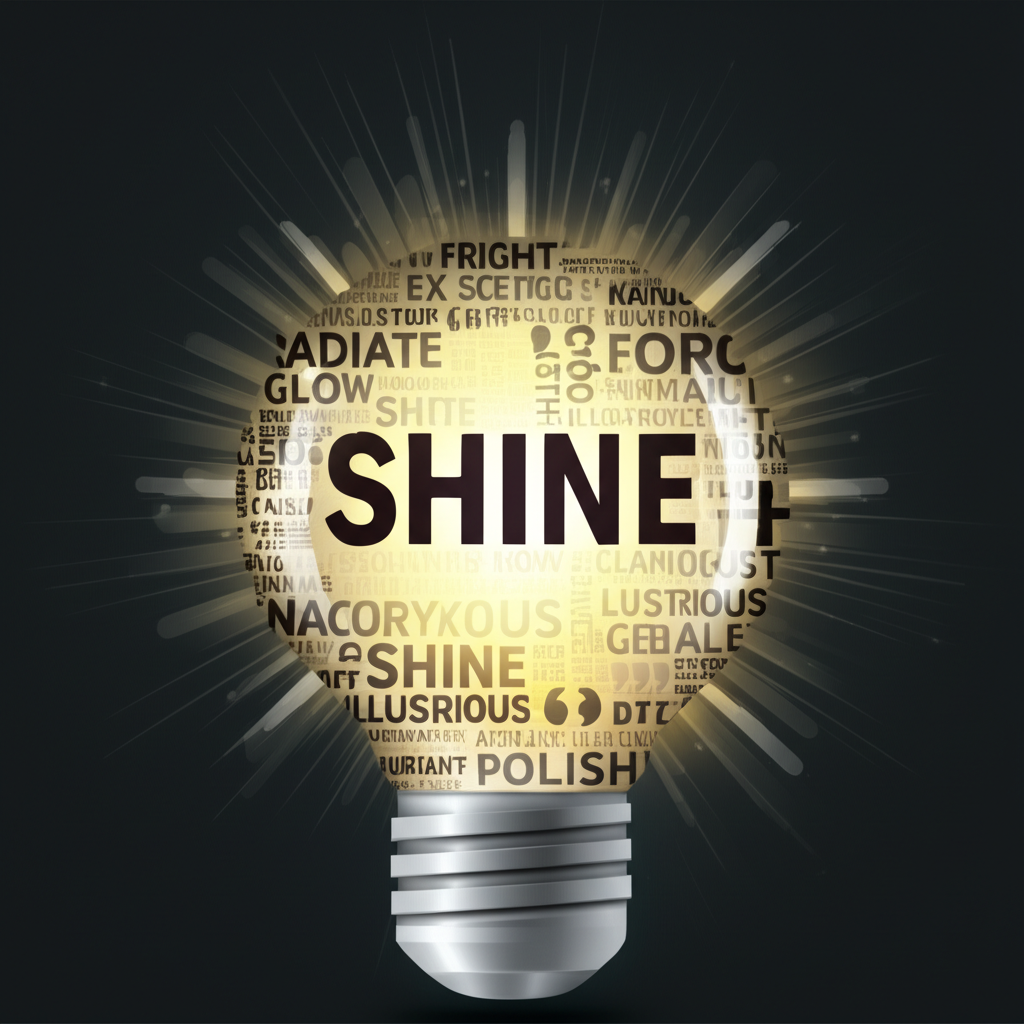 發光燈泡散發出代表「shine」豐富語意的英文單字與符號，象徵語言學習者與翻譯工作者所需掌握的多元用法