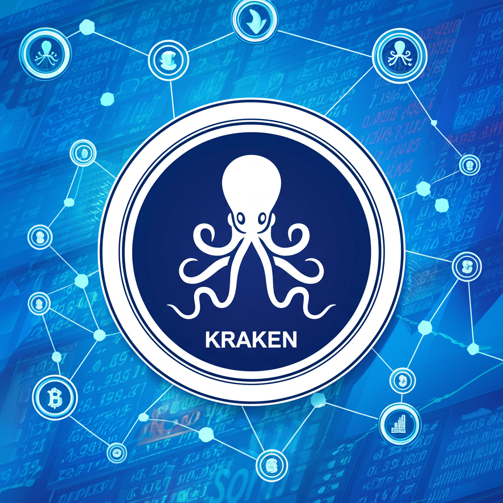 Kraken交易所的未來感插圖，展示章魚標誌代表全球信任與數位資產管理