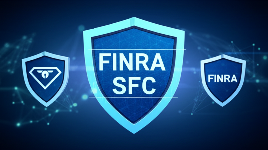 安全金融平台插圖，顯示SEC、FINRA和SFC等監管機構標誌與防護盾，保護全球金融市場中用戶資金的安全數位元素
