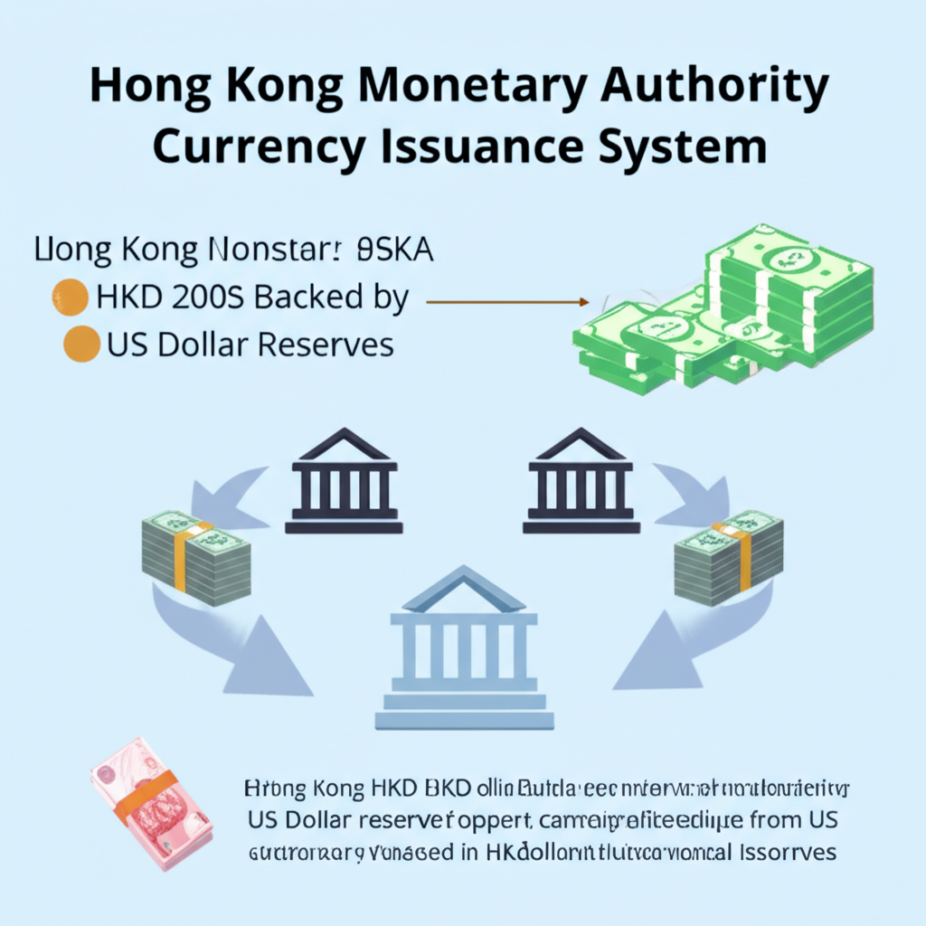 香港金融管理局與三家商業銀行發行港元鈔票，由美元儲備支持的獨特體系插圖
