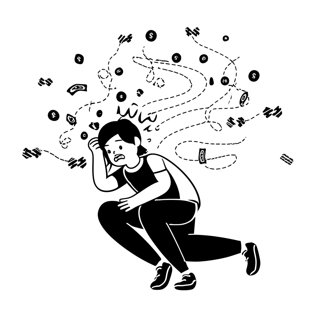 詐騙受害者感到焦慮與挫折，數位點數如資金般四散，象徵追回困難