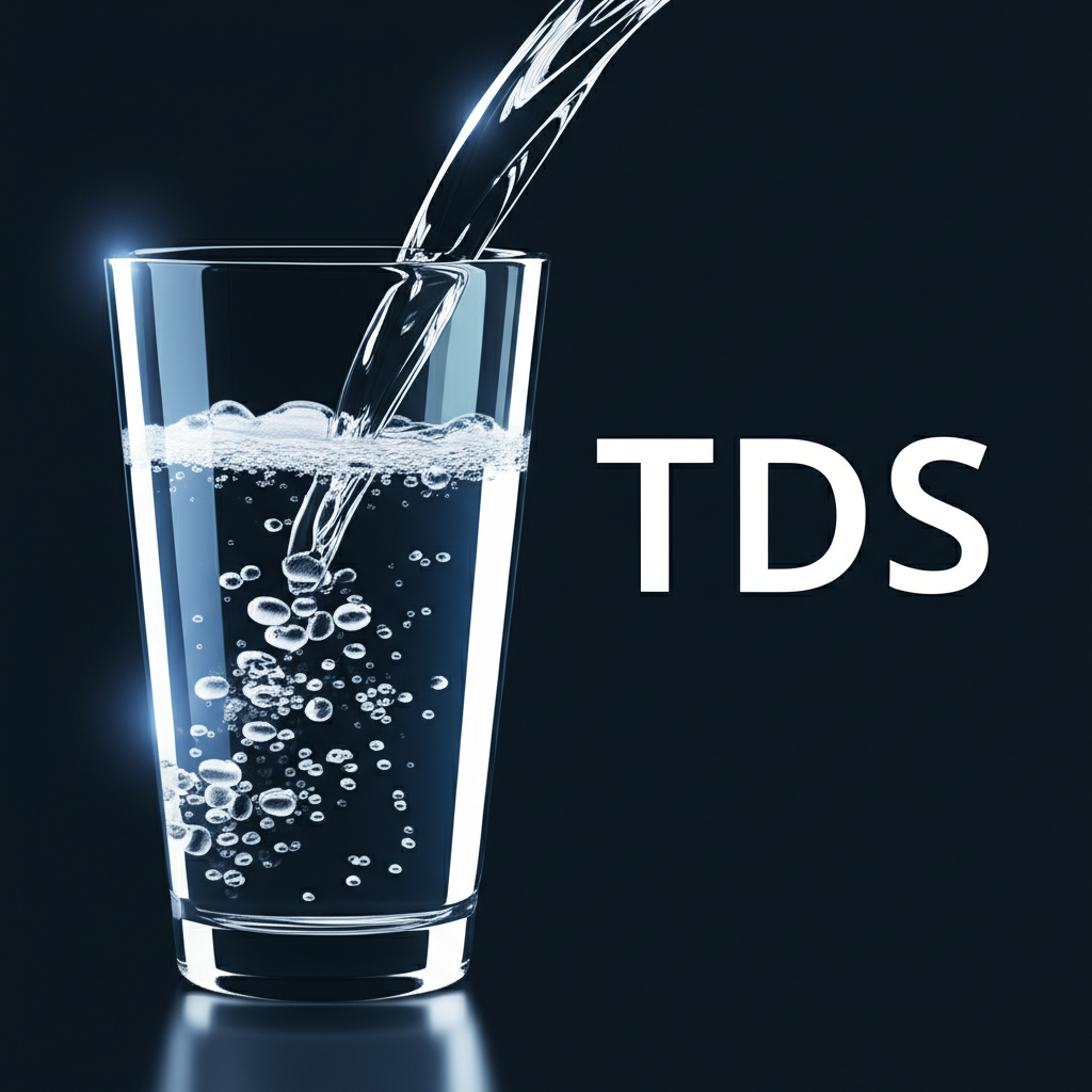 水流入玻璃杯，顯示TDS文字與水中溶解微粒的科學插圖