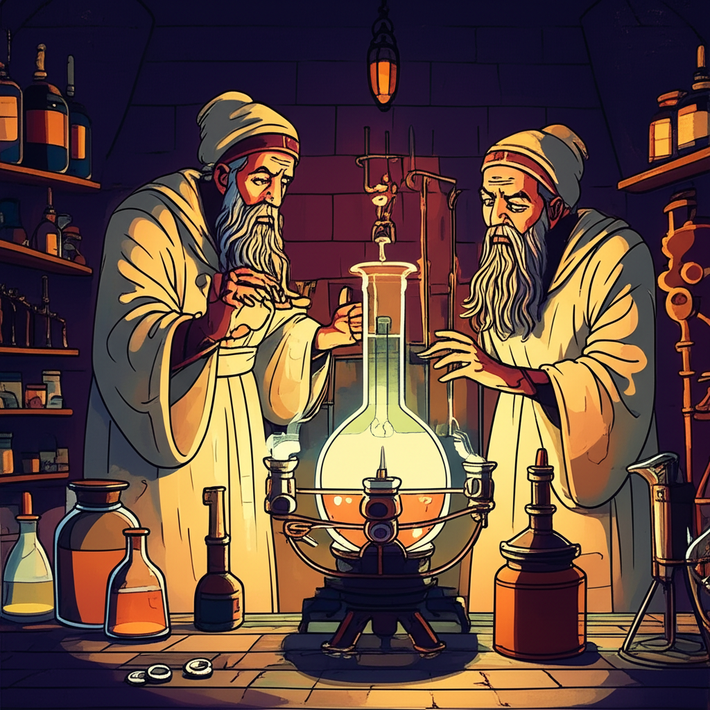古煉金術士在神秘實驗室中尋找發光靈丹的插圖,背景融入現代護膚品與藥瓶,象徵 Elixir 的多元意涵