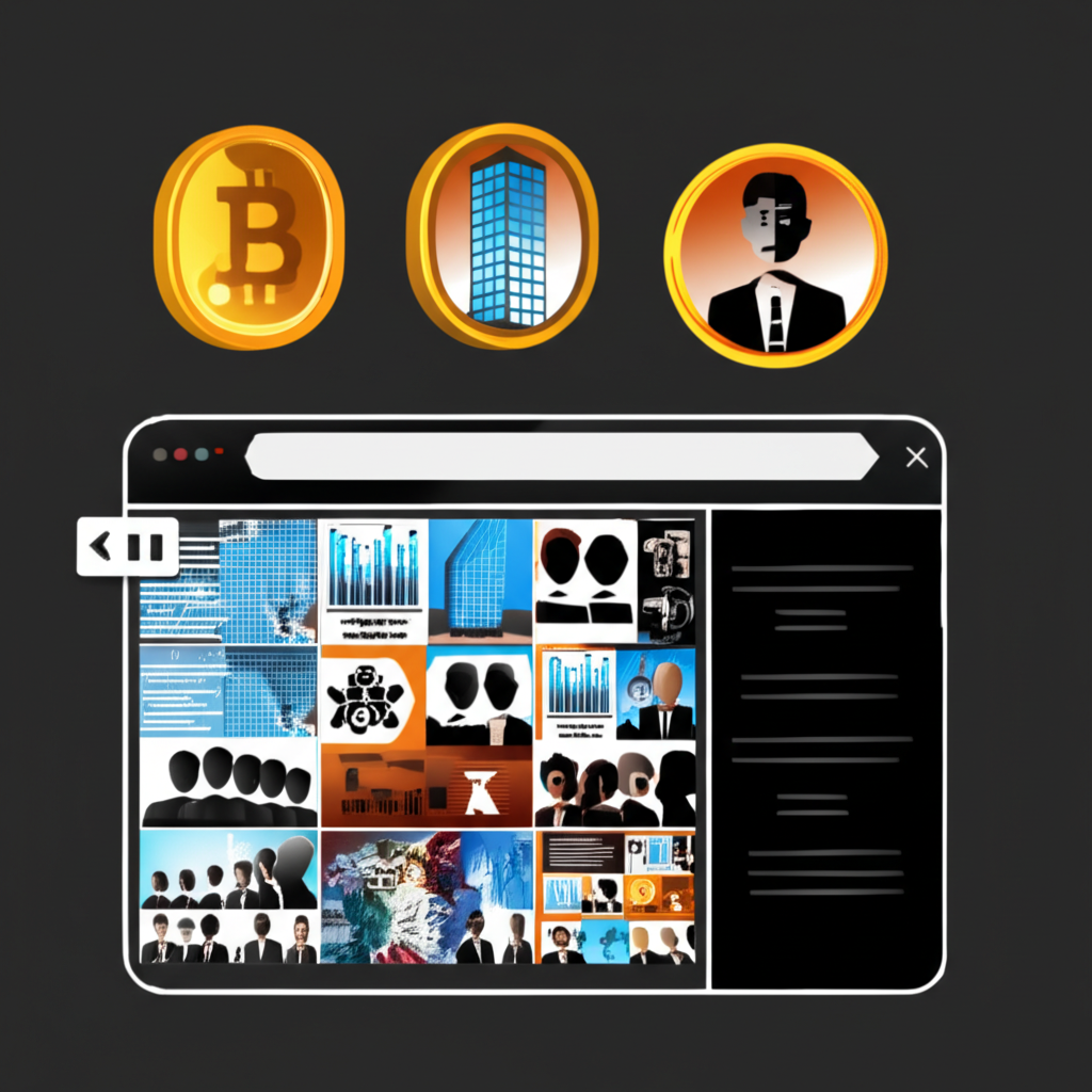 illustration of a search engine results page with many different logos for top one including a building a cryptocurrency coin and a business person with diverse search results