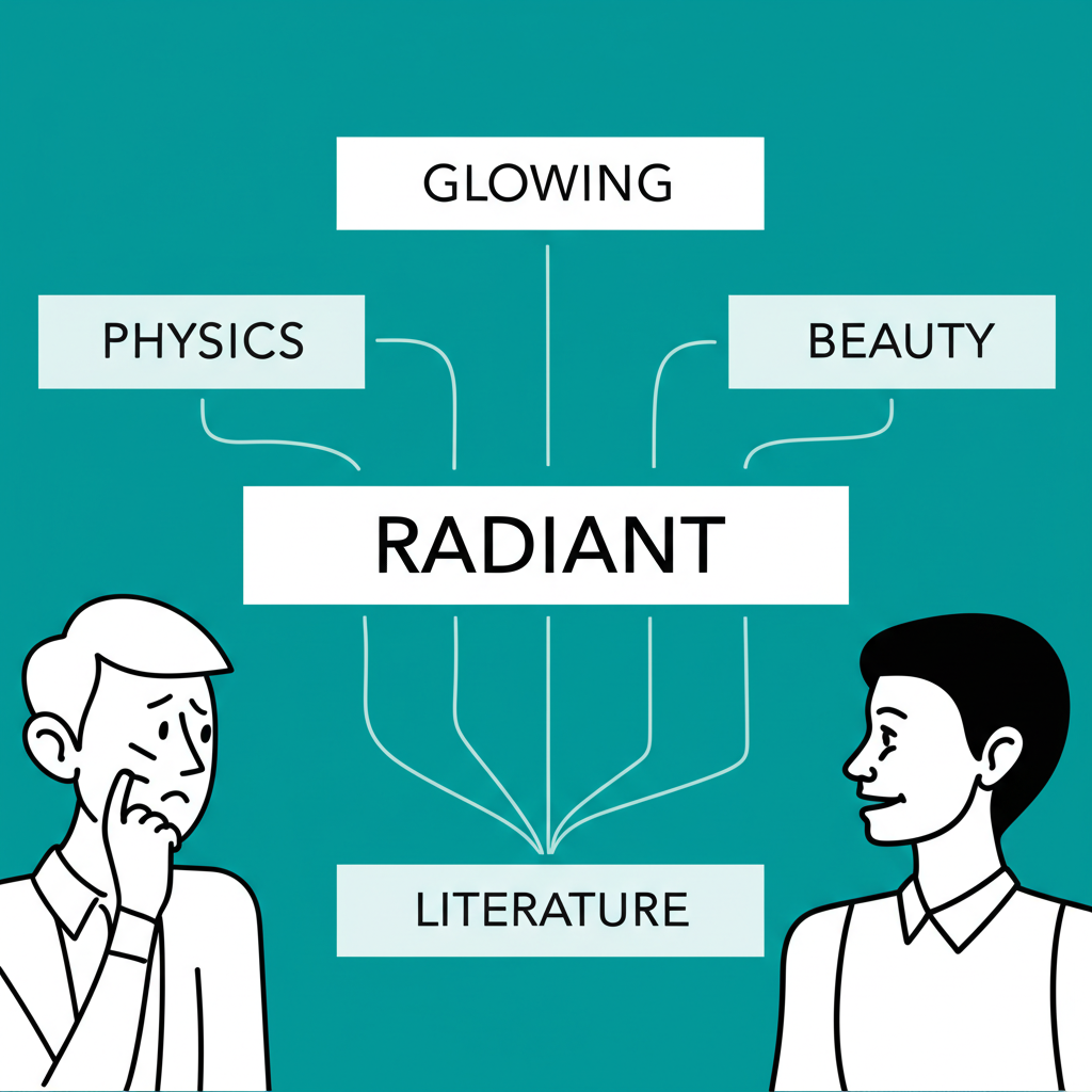 Radiant 詞彙的多重意義插圖，中央單字周圍延伸出發光、物理、美容與文學等概念，展示其多元面向