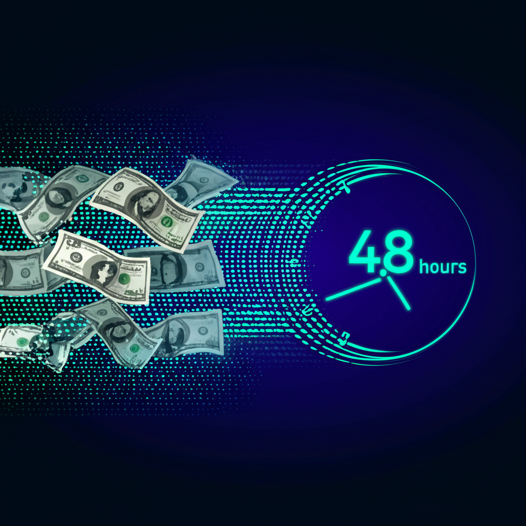 現金轉為迅速消失的數位點數，時鐘顯示48小時，凸顯止損黃金時機