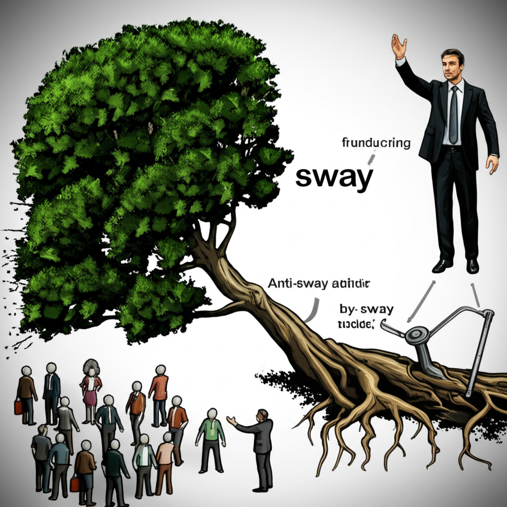illustration of a dictionary page with the word sway highlighted showing connections to a swaying tree a person influencing a crowd and a diagram of a car part all in a detailed educational illustration style