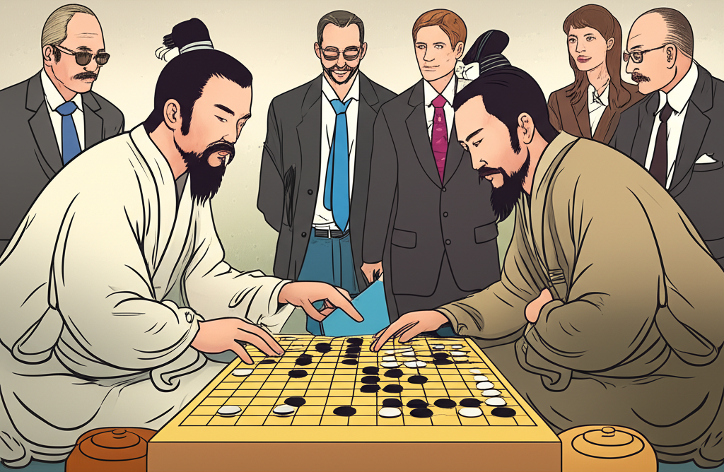 古代中國圍棋手重演棋局，旁邊現代商務人士觀摩，象徵圍棋起源的檢討概念應用於管理領域