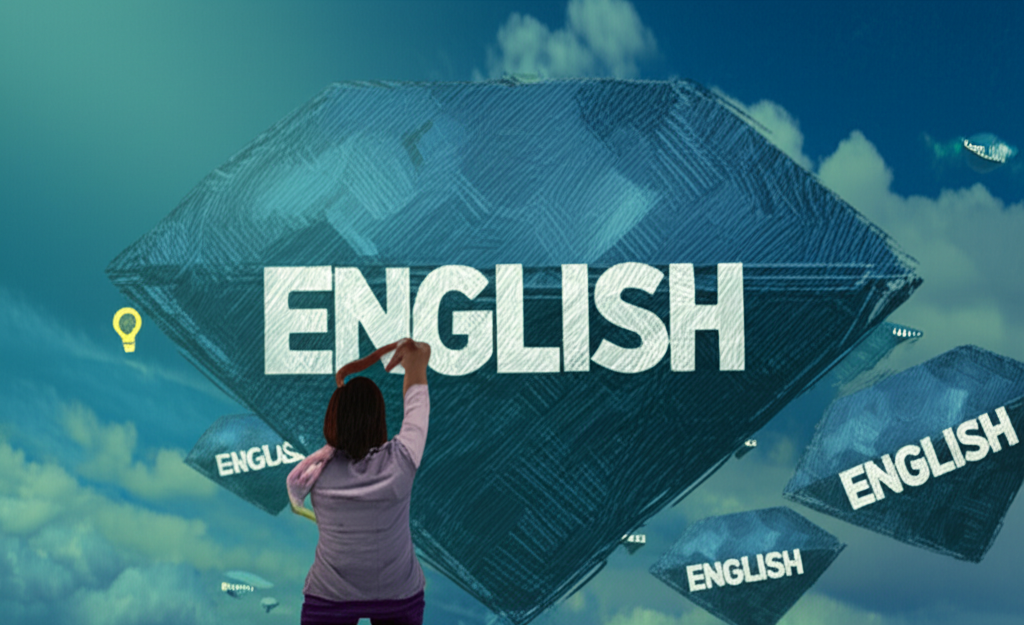 學習英語者周圍浮現代表 instant 多重含義的詞彙和符號,如拼圖或多面寶石