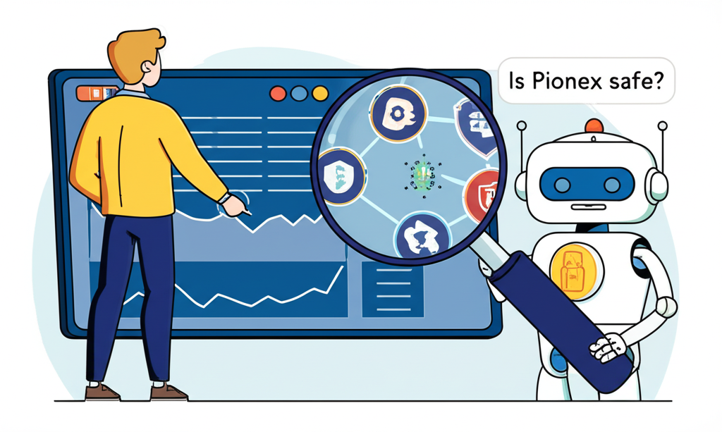 Pionex安全評估圖示:用戶檢查加密貨幣圖表與機器人安全性