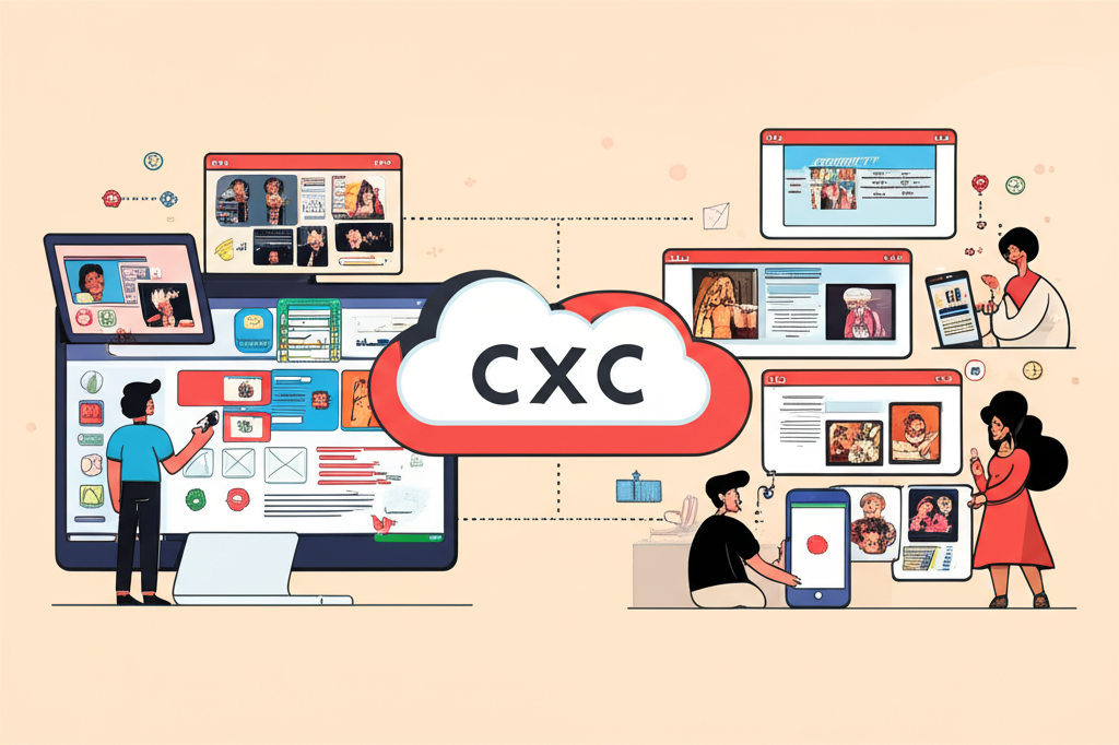 CxC平台雙重視角插圖，創作者管理內容與讀者探索互動的豐富數位體驗