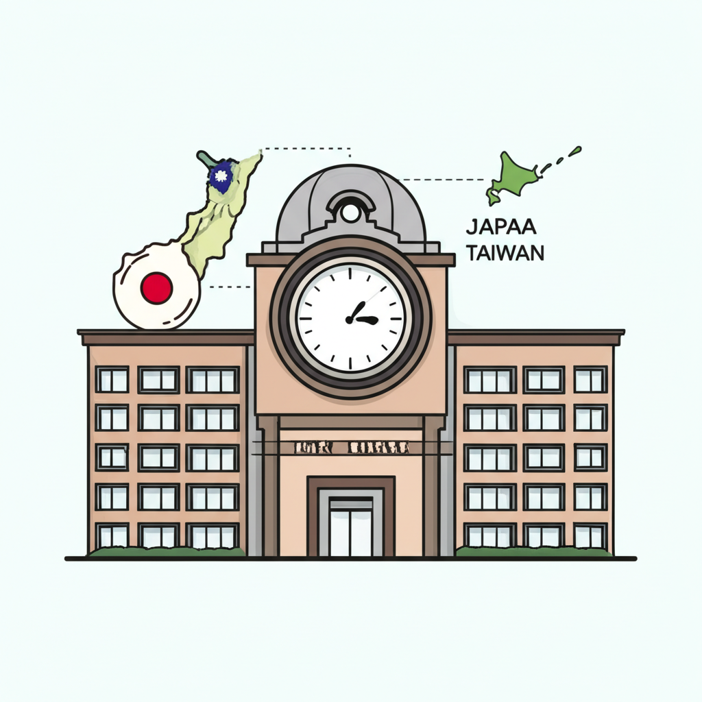 東京證券交易所建築與時鐘顯示當前時間,連結日本與台灣地圖象徵無時差的簡化投資插圖