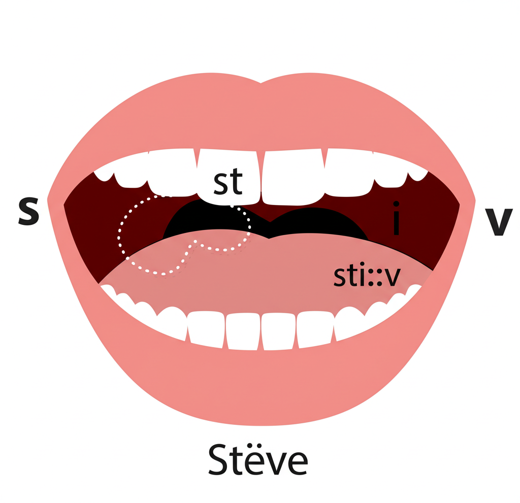 一張嘴巴示範Steve的正確英文發音，周圍飄浮著IPA符號stiːv，以及s、t、長i和v音的細微引導