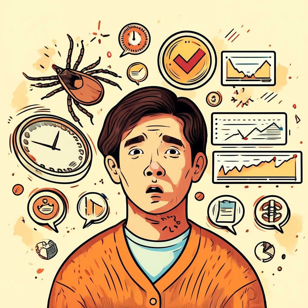插圖顯示一名困惑的人被代表「tick」的各種符號包圍,包括昆蟲、時鐘、勾選符號和股市圖表,風格統一且視覺吸睛