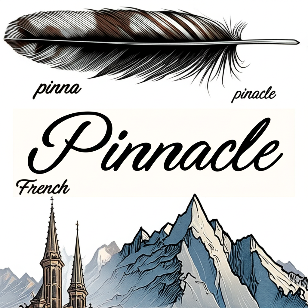 Pinnacle 詞源圖解：從拉丁文 pinna 到法語 pinacle，最終演變為英文 pinnacle，並連結建築尖塔與山峰意象