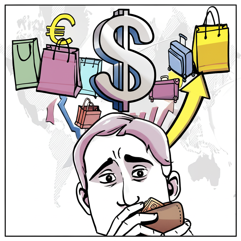 美金升值影響個人荷包與全球經濟的插圖，包含貨幣、購物、旅行與投資元素