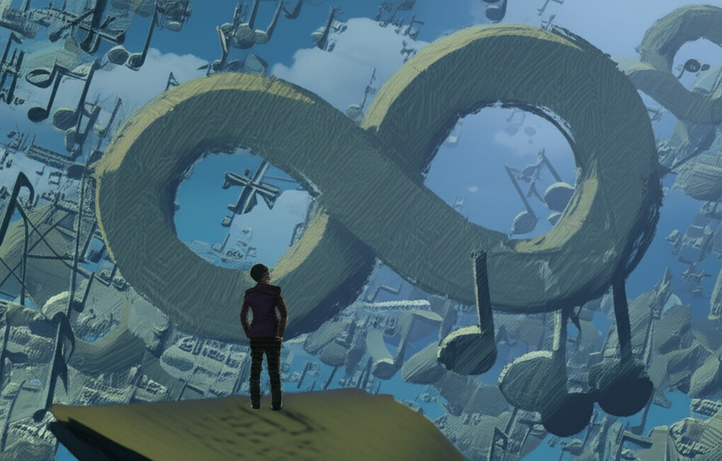An illustration of a curious person exploring a vast abstract landscape with mathematical symbols, musical notes, philosophical scrolls, and commercial logos forming an infinity symbol, blending Eastern and Western elements