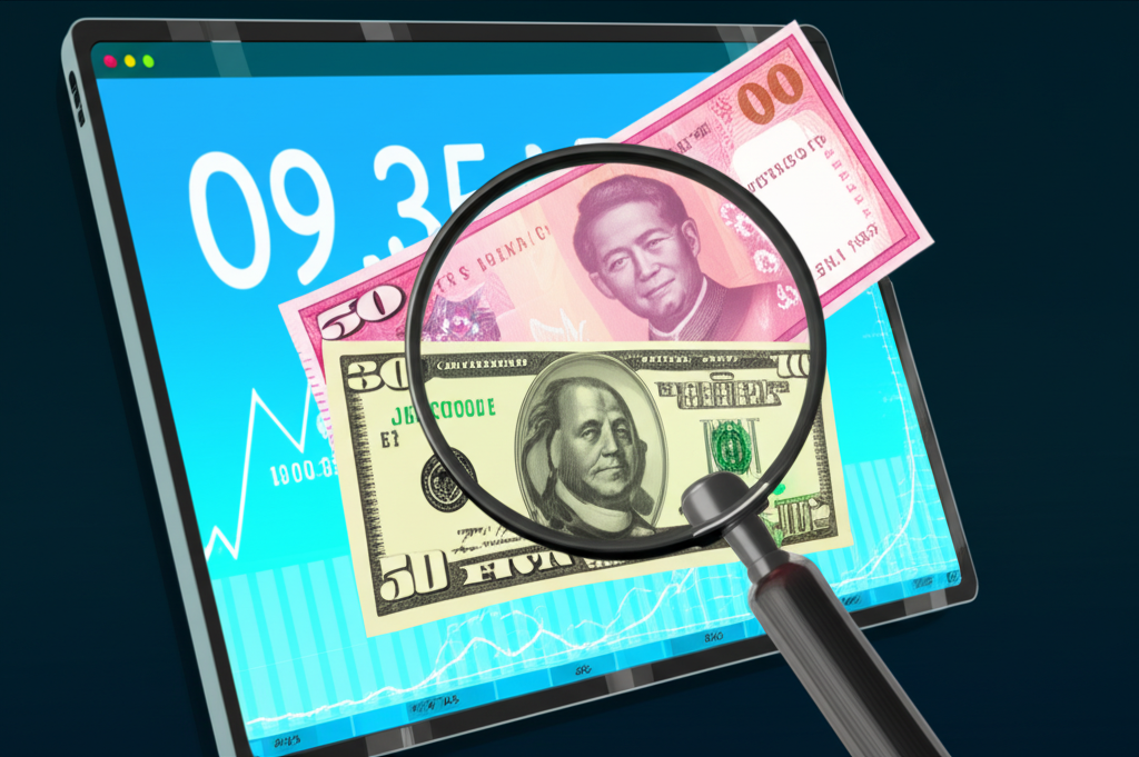 90美金即時換算台幣的數位螢幕圖示,包含即時匯率圖表與放大鏡檢視換匯過程