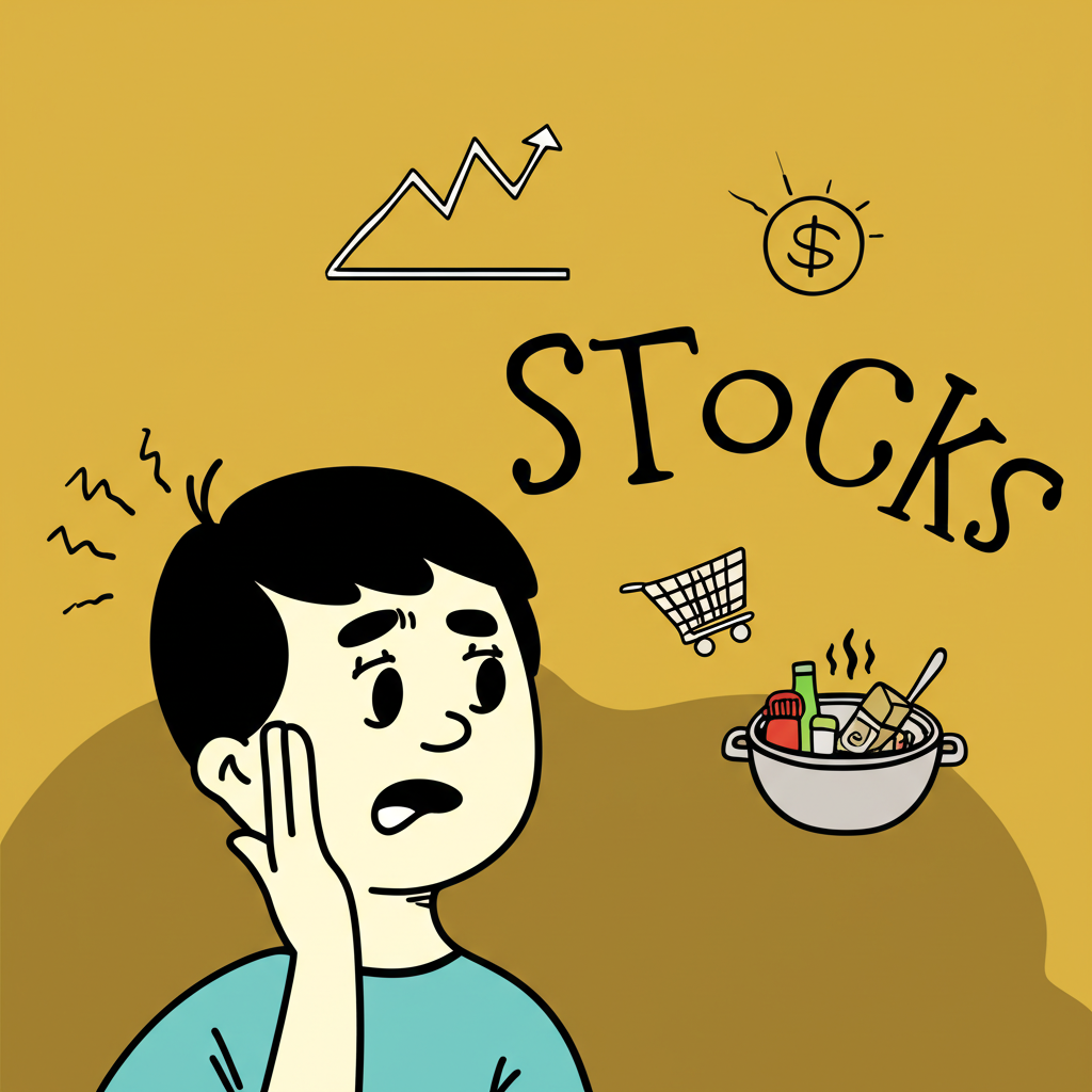 一個人困惑地看著stocks一詞，周圍浮現股票圖表、購物車和湯鍋圖像，象徵其多重的中文翻譯與深層含義