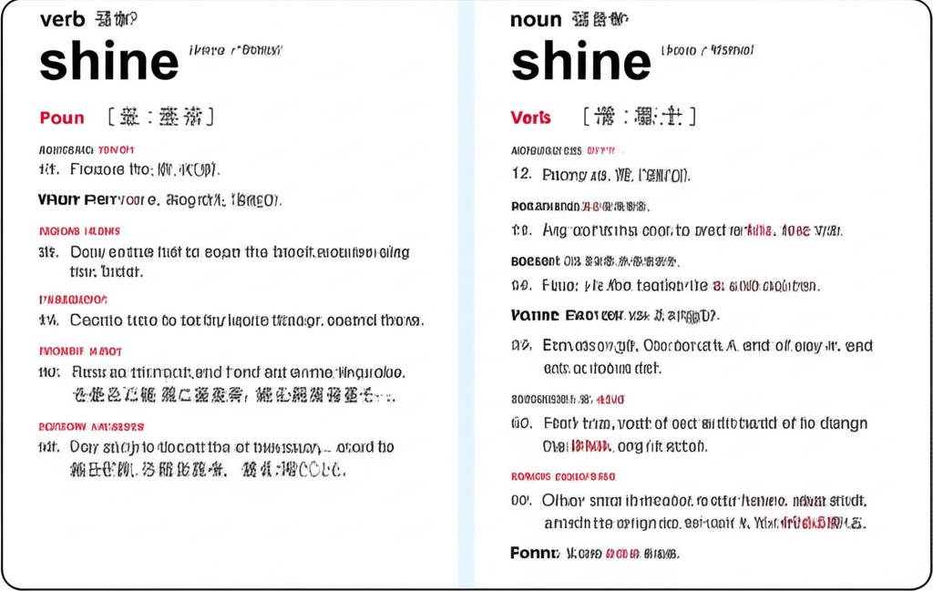 一本打開的字典，分為兩側，左邊列出 shine 作為動詞的各種用法與中文解釋，右邊則展示其名詞形式的意義與情境