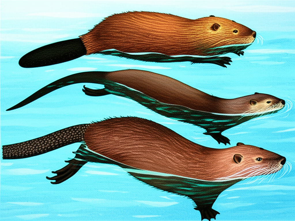 三種動物插圖：尾巴扁平的河狸、流線型身體的水獺與尾巴似老鼠的海狸鼠，一同在清澈河流中游泳