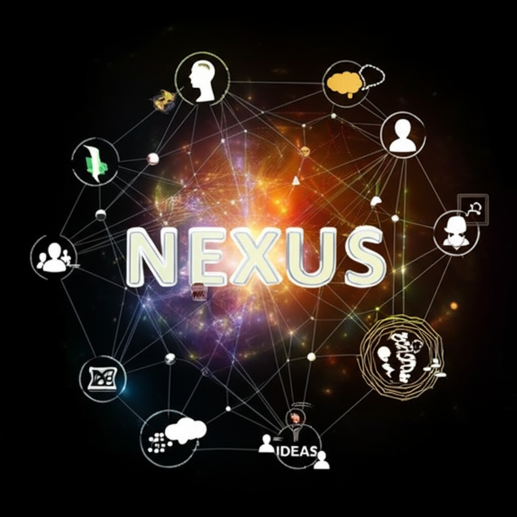 以Nexus為中心的抽象網絡圖，展現人、數據與概念之間的全球連結