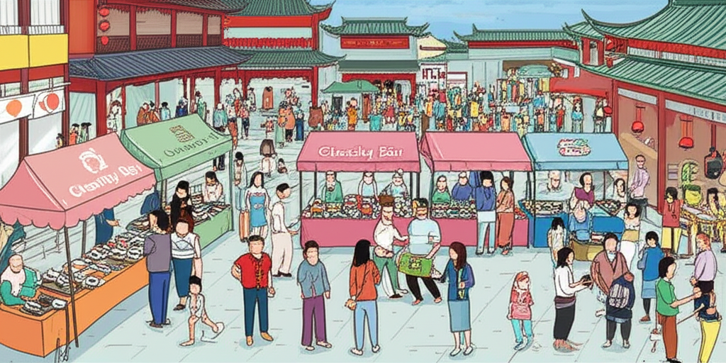 充滿活力的商業與社交空間插圖，描繪傳統中國風格的熱鬧市集或露天巴扎，人們販售商品並互動，也包括慈善義賣活動