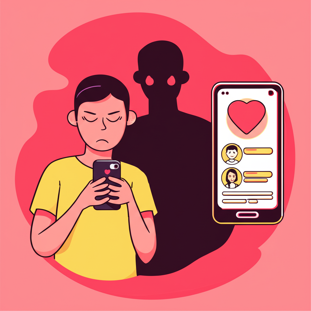 插圖：一個人盯著手機上的交友App，身後隱約出現一個陰影般的身影，象徵從虛擬到現實的潛在危險