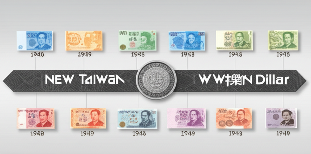 新台幣歷史沿革的時間線插圖，從1949年幣制改革到各種面額紙鈔和硬幣