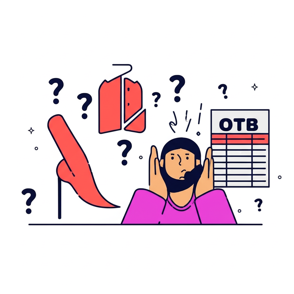 困惑人物面對時尚與零售預算符號，周圍環繞 OTB 縮寫與問號的現代插圖