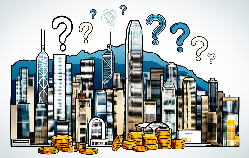 香港商業帝國插圖，展示地產高樓與黃金象徵，伴隨爭議雲朵與問號