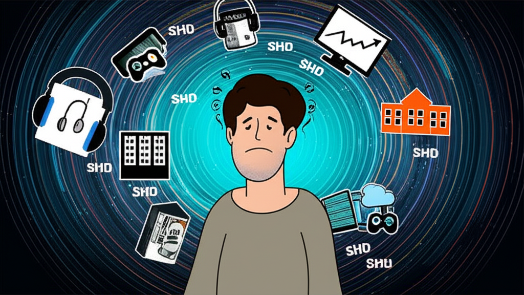 數位領域中困惑的人站在標有SHD的音響設備、學校建築、遊戲角色、金融圖表和雲端伺服器漩渦中，象徵語意歧義的插圖