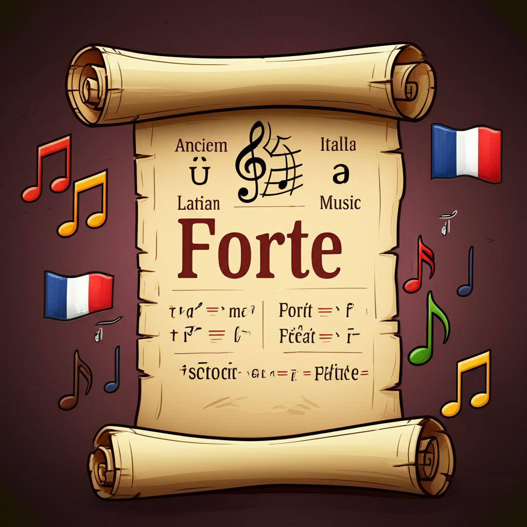 Forte 詞源與發音的語言元素插圖，包括拉丁捲軸、法義國旗、音樂符號及 IPA 音標，呈現歷史聽覺視覺