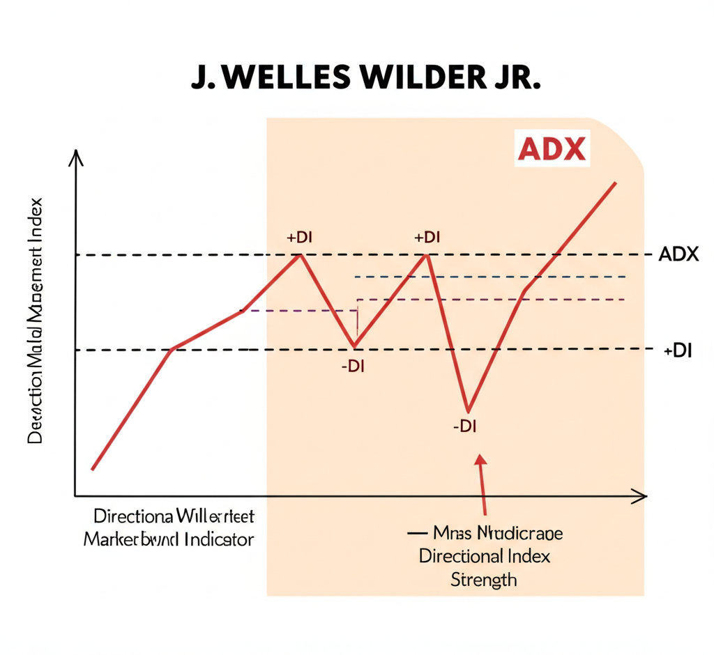 J. Welles Wilder Jr. 開發 DMI 指標，展示 +DI、-DI 與 ADX 三線，反映多空力量並評估趨勢強度