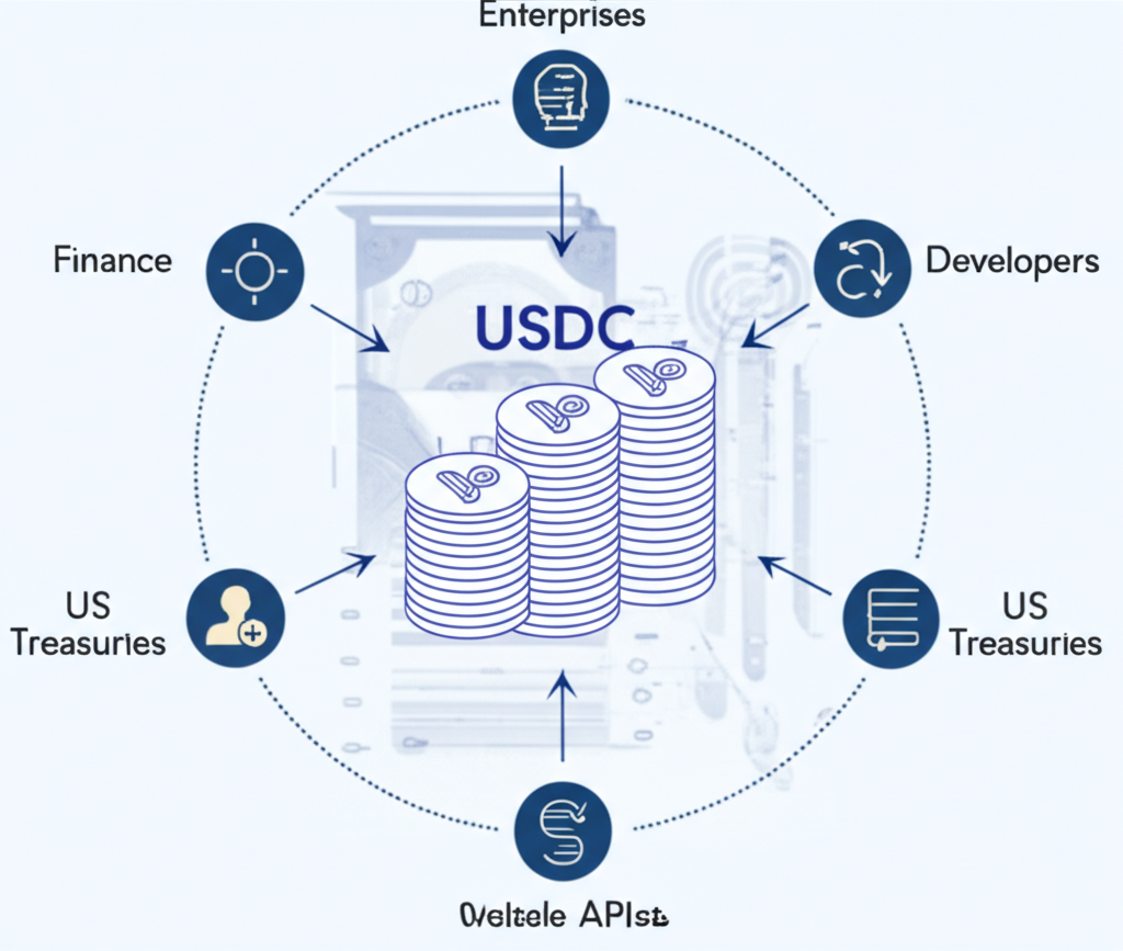 USDC 穩定幣由現金和美國國債支持,位於支付生態系統中心,企業與開發者使用 Circle API 進行數位貨幣交易與獲利