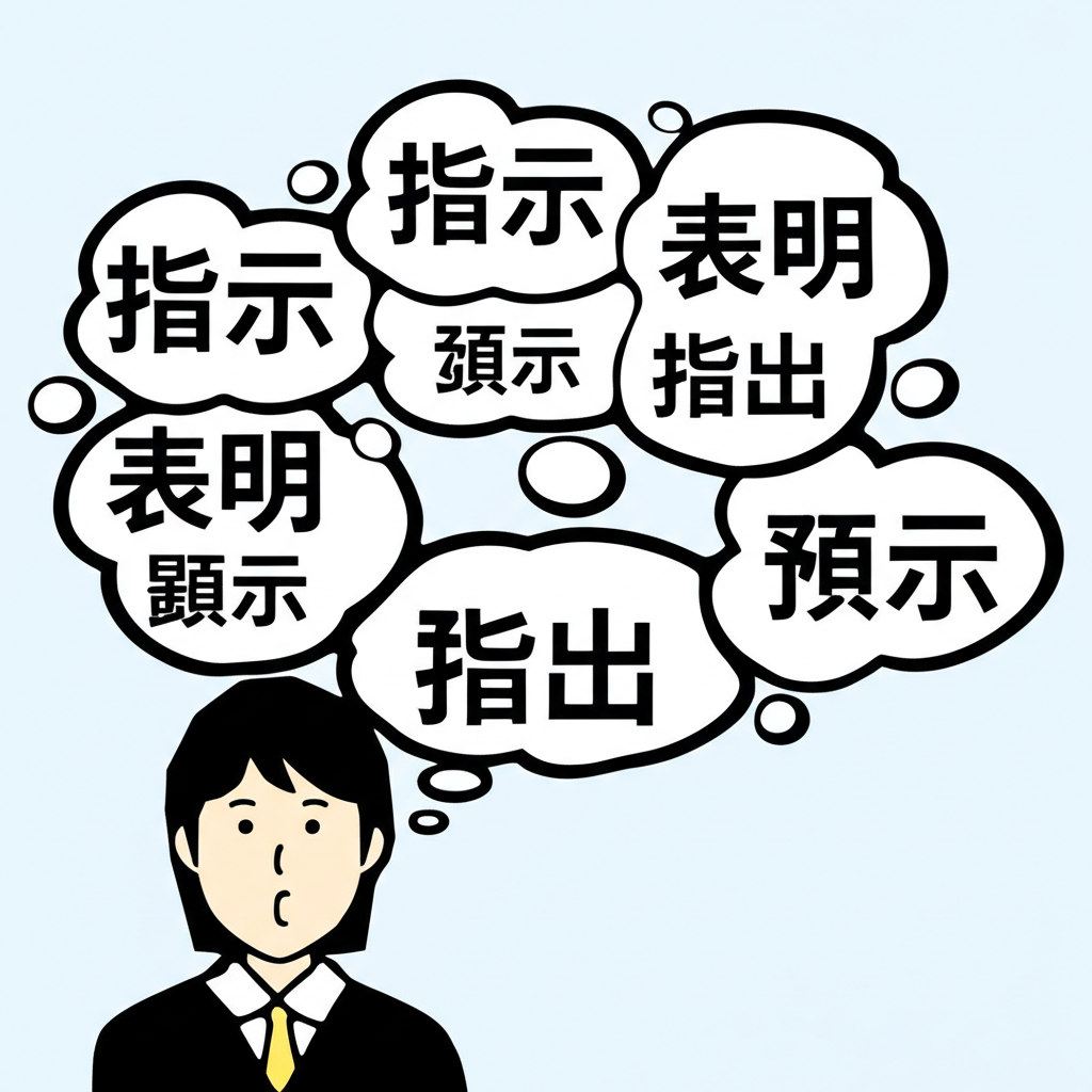 插圖：一個人說話，旁邊的對話氣泡顯示『指示』『表明』『顯示』『指出』『預示』等中文詞彙，呈現『indicate』的多種核心含義