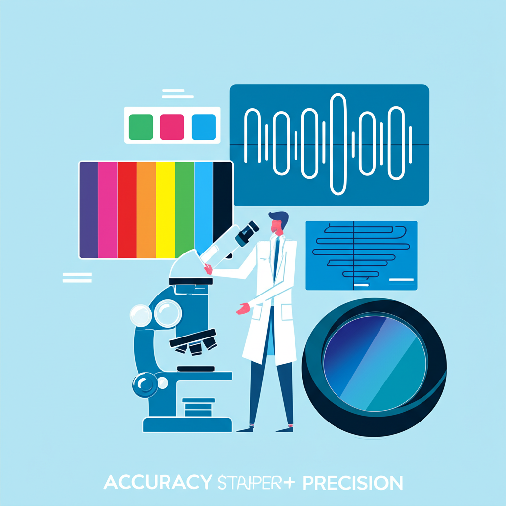 An illustration symbolizing accuracy and precision a scientist meticulously checking data with a microscope a sound wave perfectly matching an original waveform a camera lens capturing exact colors