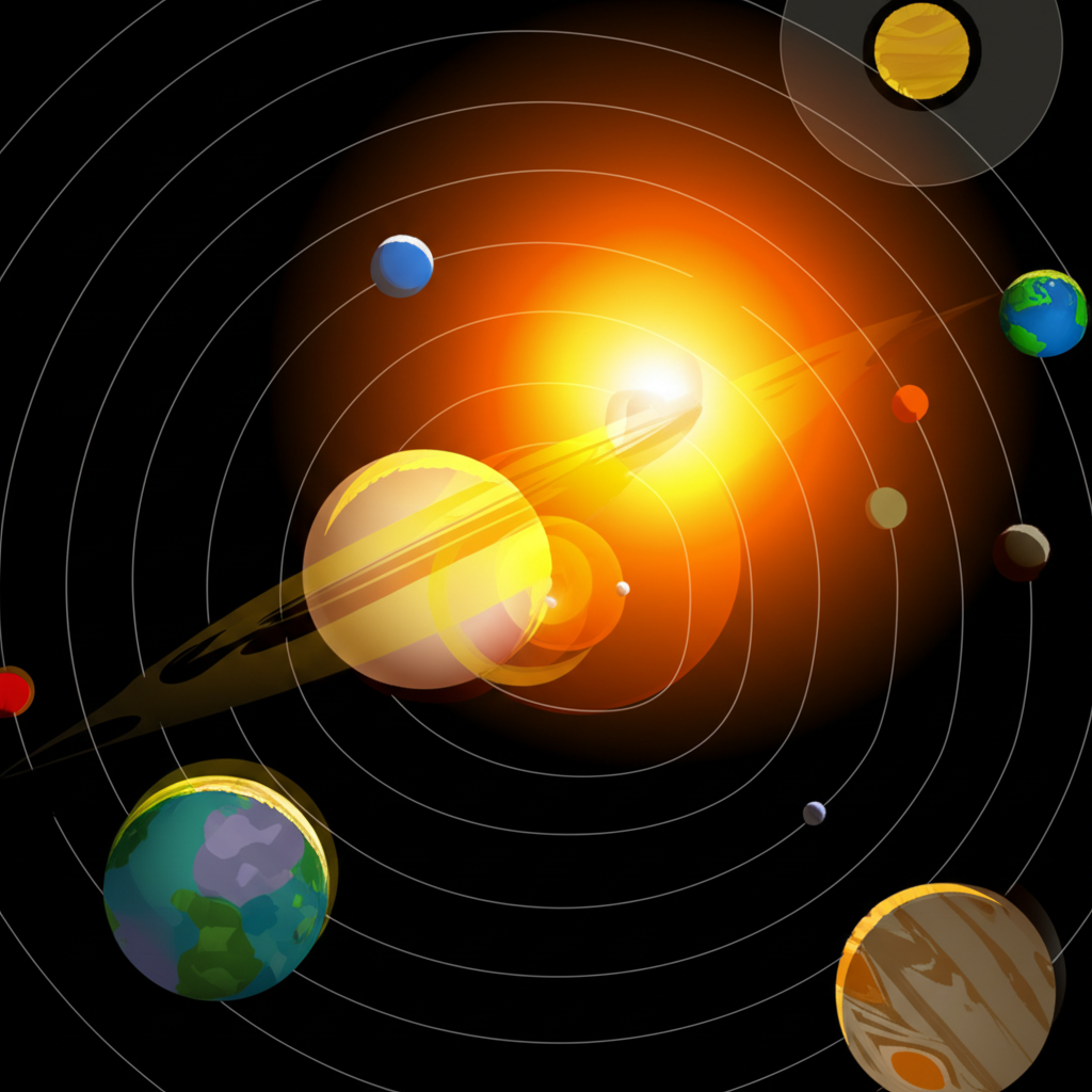 行星圍繞太陽運行,同時以抽象圓圈表現影響力與勢力範圍,象徵 orbit 作為運動路徑與影響領域的雙重意義
