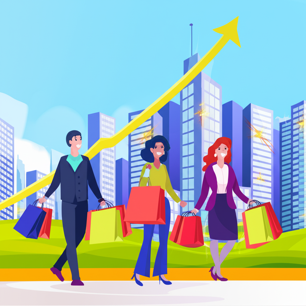 illustration of a strong labor market with happy people holding shopping bags symbolizing consumer spending and growing businesses indicating economic growth