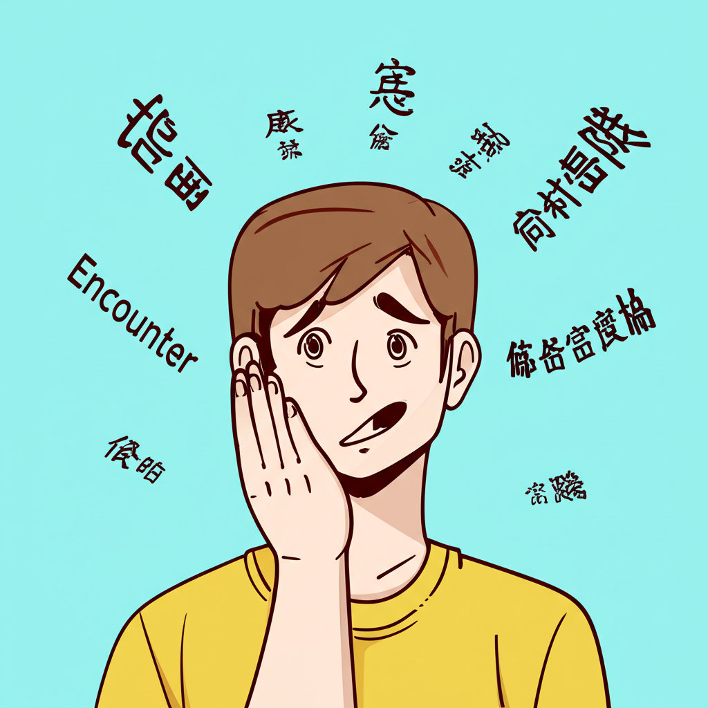一個人困惑地看著多面向的Encounter詞彙，周圍浮現各種中文翻譯，如相遇挑戰和醫學術語的插圖