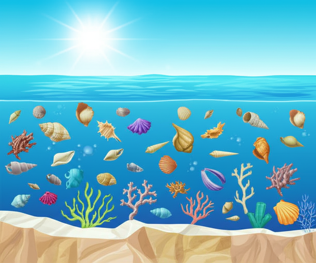 石灰岩形成過程示意圖：古代海洋生物的貝殼與珊瑚碎片在淺海沉積，逐漸形成廣泛分佈的沉積岩，呈現其定義與全球分佈特徵