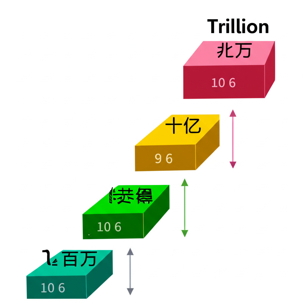百萬、十億、兆三個單位並列，標示其英文名稱、中文翻譯與 10 的 6、9、12 次方，以階梯式箭頭呈現千倍增長關係
