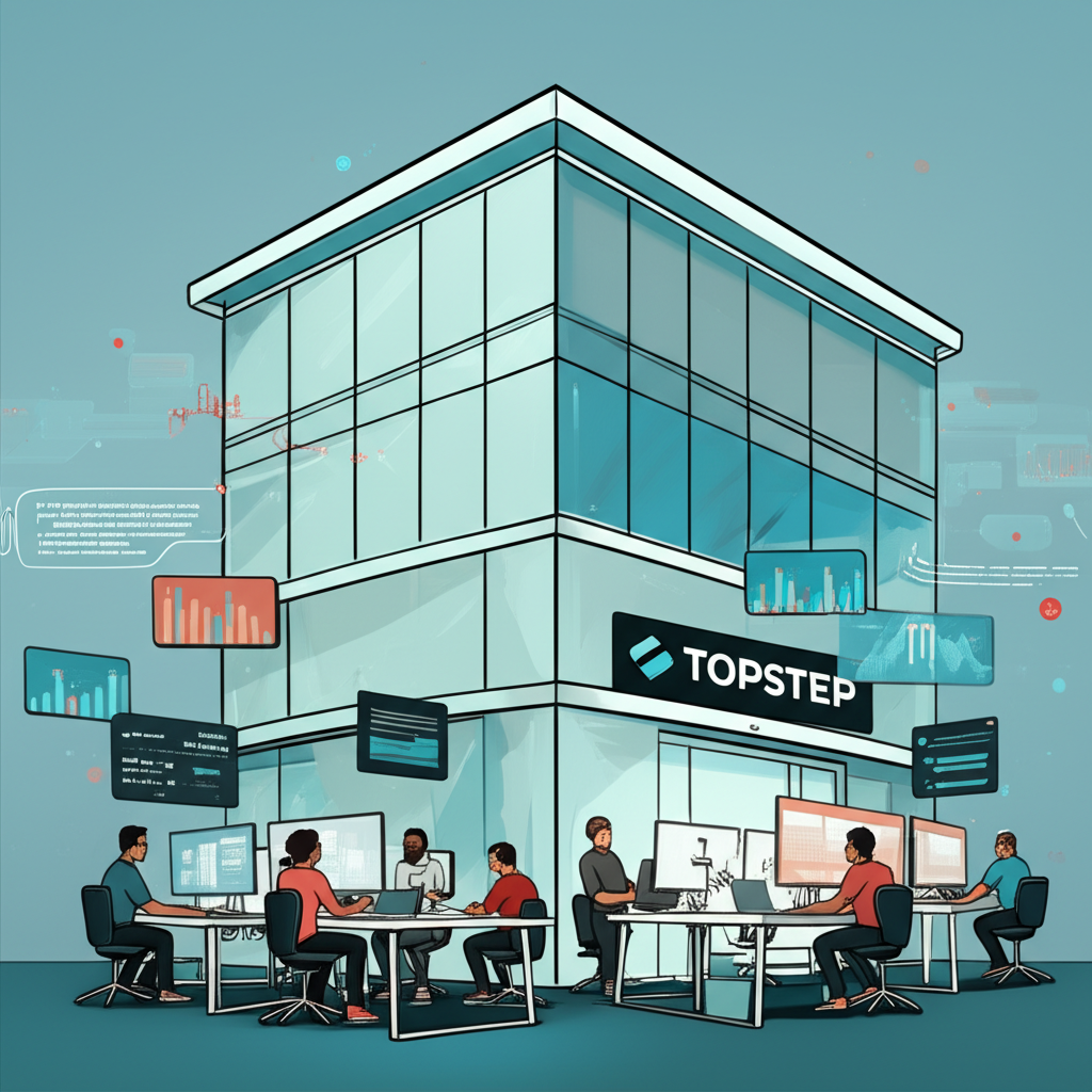 頂著Topstep標誌的專業交易公司大樓,交易員們協作分析數據,展現其合法的自營交易模式與全球運作