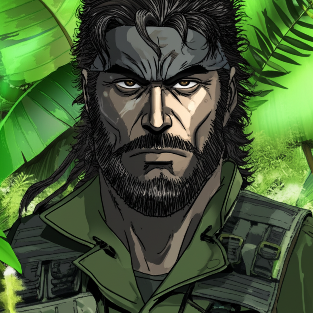 潛龍諜影 Big Boss 起源插圖，描繪裸蛇在叢林中獲得稱號的軍事場景