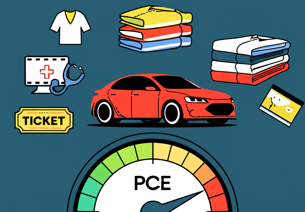 插圖顯示各類消費商品與服務流入BEA發布的PCE測量儀表，涵蓋汽車、服飾、醫療與娛樂等項目