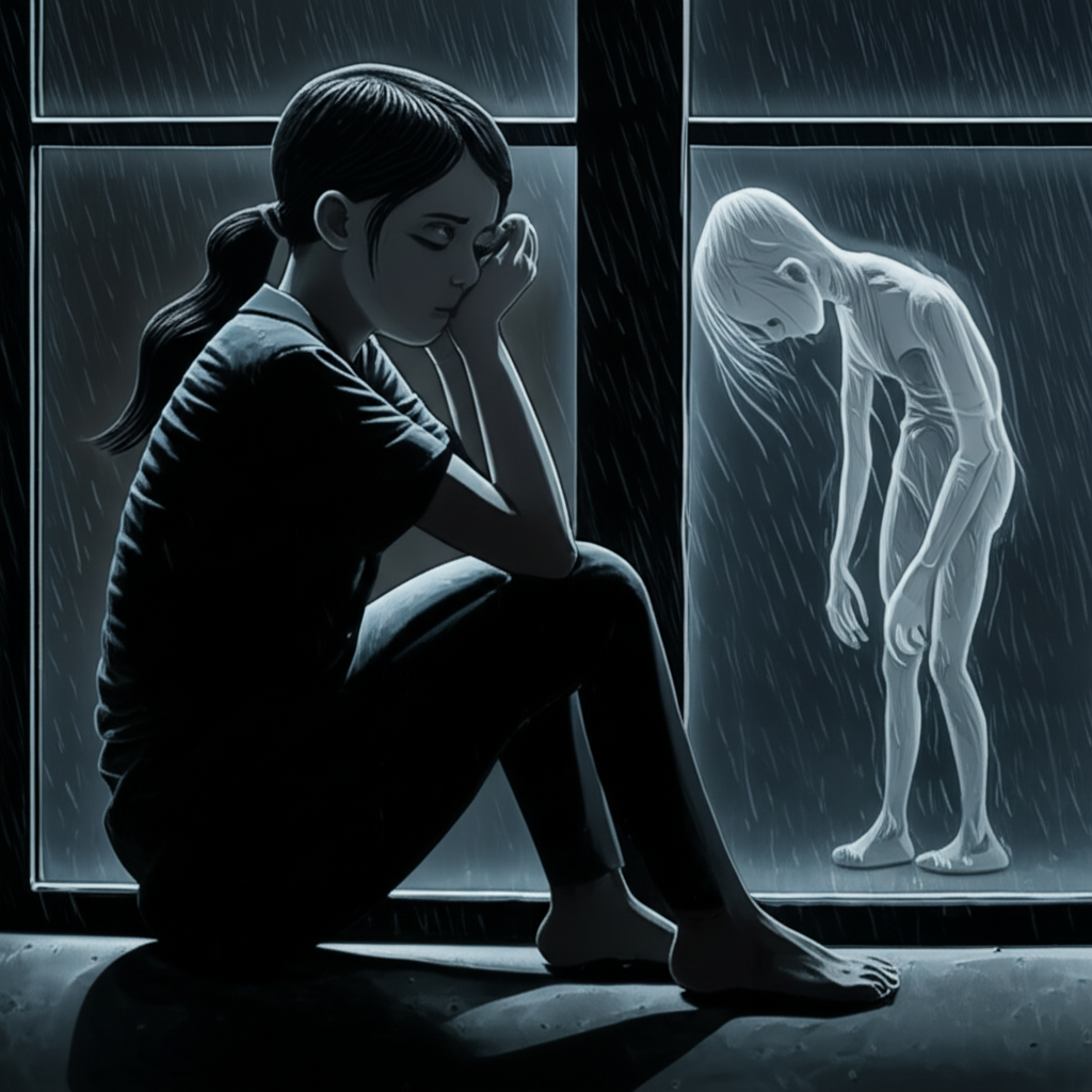 Person by window with melancholic expression and frail figure symbolizing pining away